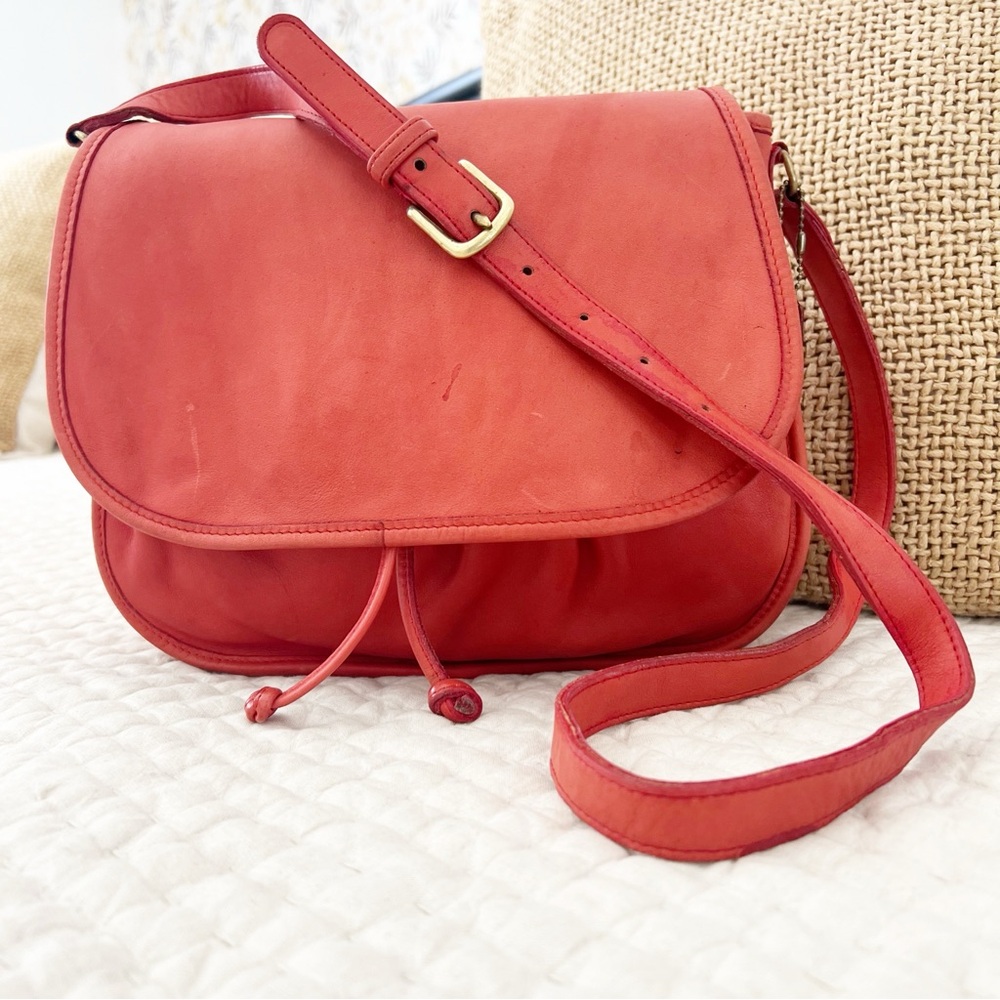 COACH Vintage 1980’s Lightweight Flap Drawstring Bag in Coral Red - RARE